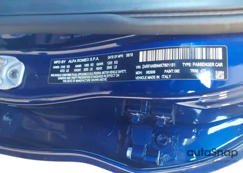 2019 Alfa Romeo Giulia Ti Sport Awd z USA, uszkodzony, nr VIN ZARFANBN4K7601151